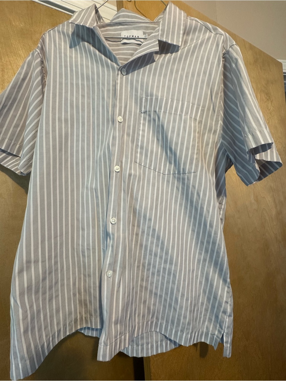 Topman Light Blue and White Vertical Stripe Short Sleeve Button-Up Shirt